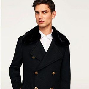 NEW ZARA MAN BLACK MILITARY COAT DETACHABLE FUR